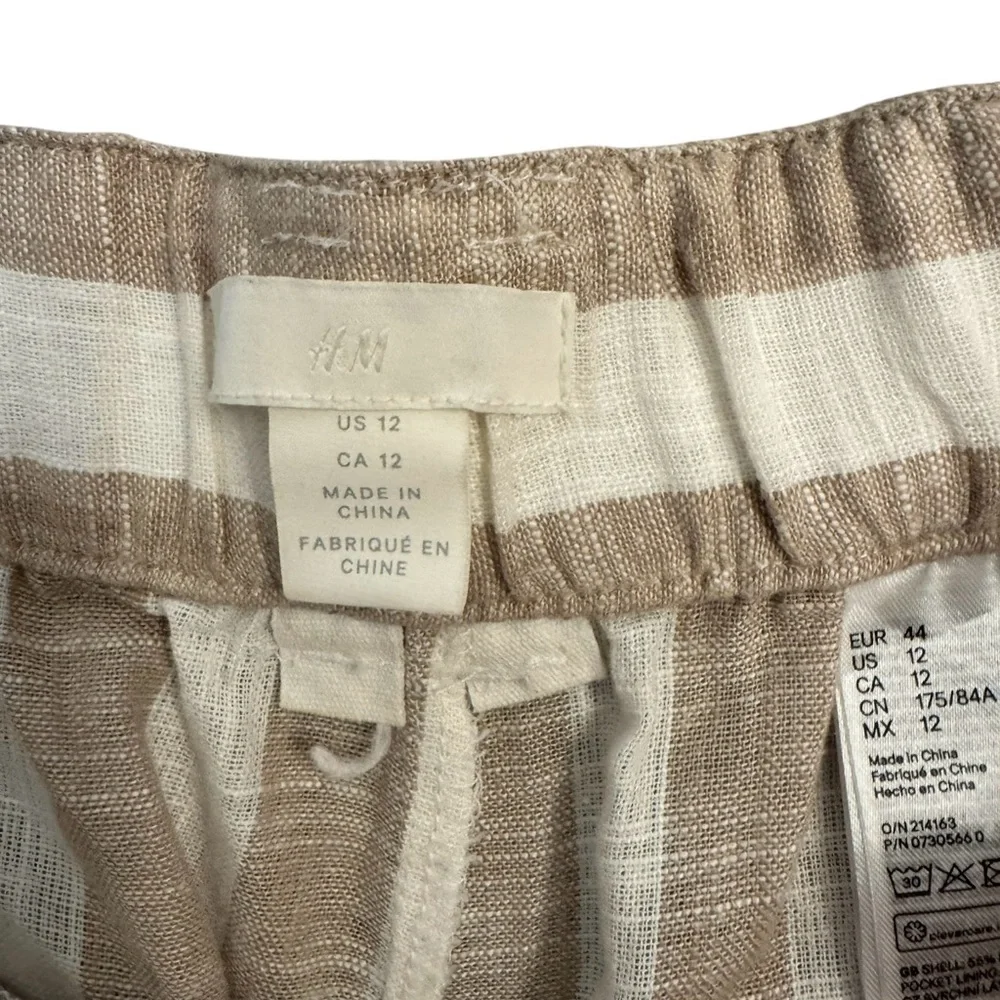 H&M Wide Leg Pants Size 12 Linen Blend NWOT Beige Stripe High Rise